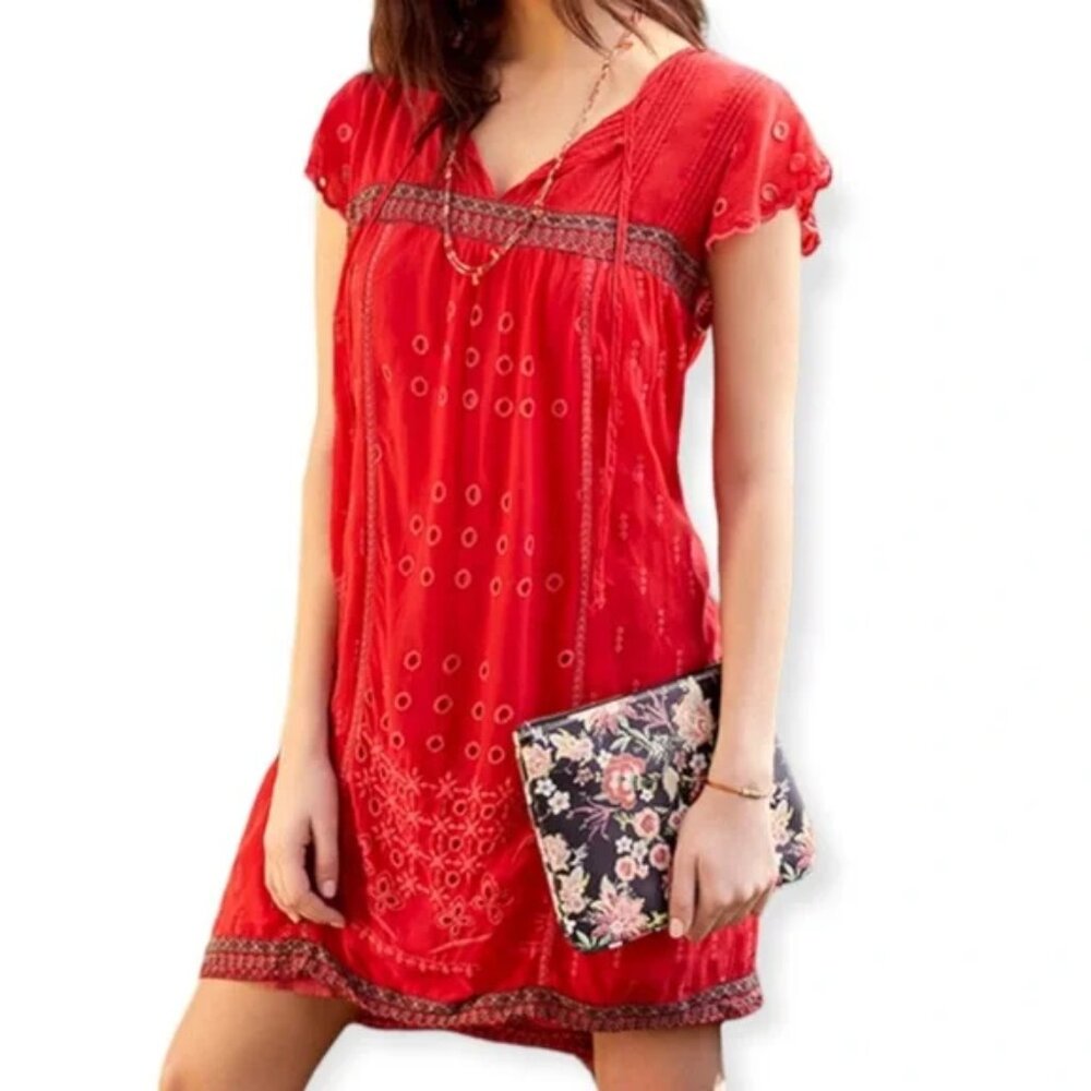 Johnny Was Daisy Eyelet Embroidered Dress Red